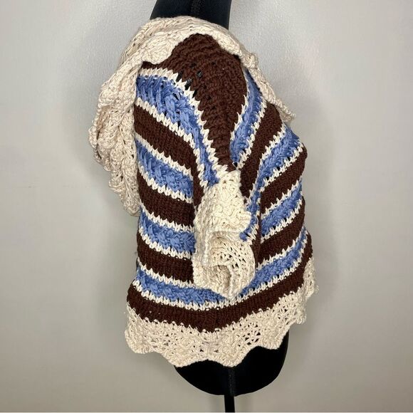 Zara Crochet Sweater Stripe Knit Short Sleeve Hooded V Neck Top Tan Blue Small - Picture 7 of 10